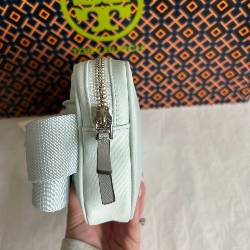 Tory Burch Virginia Nylon Belt Bag Crossbody Bag Ice Blue Silver Baby Blue Light